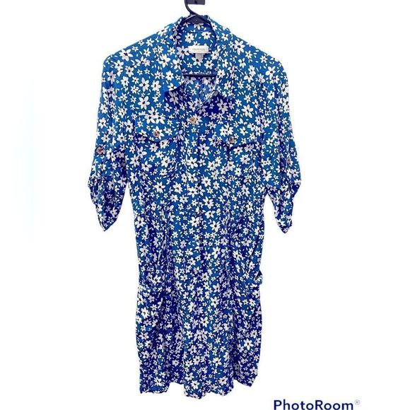 Calvin Klein blue and white daisy shirt dress with pockets - Picture 2 of 7